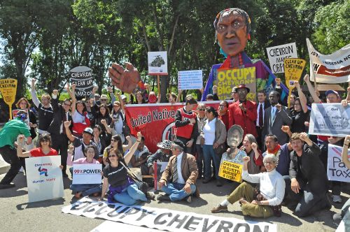 Protesters came from environmental justice organisations such as Amazon Watch and Rainforest Action, as well as Ecuador, Nigeria and Angola. / Credit:Judith Scherr/IPS